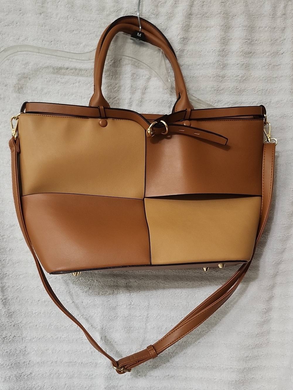 Two-Tone Tan & Brown Patchwork Tote with Removable Strap